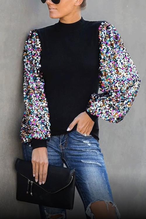 Cerigal Colorful Sequins Sleeves Blouse